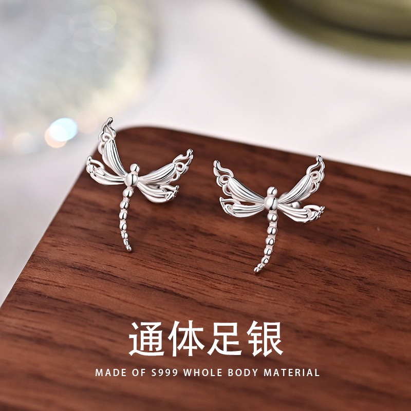 【新品冲销量】S999纯银蜻蜓耳钉轻奢爆款高级感足银螺丝拧扣耳饰