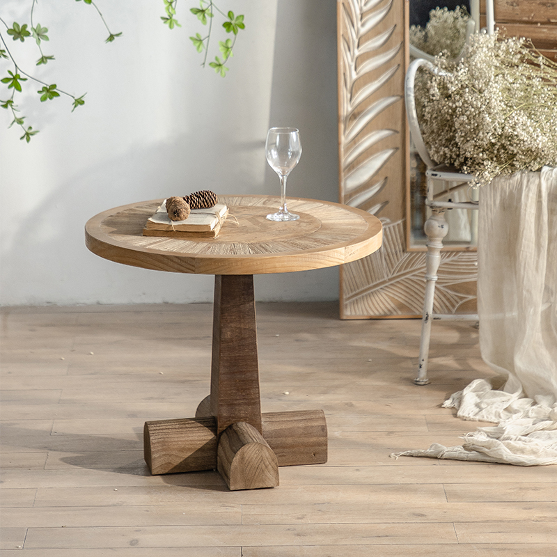 侘寂风覆古实木圆形小茶几中古沙发边几阳台咖啡店民宿休闲小圆桌