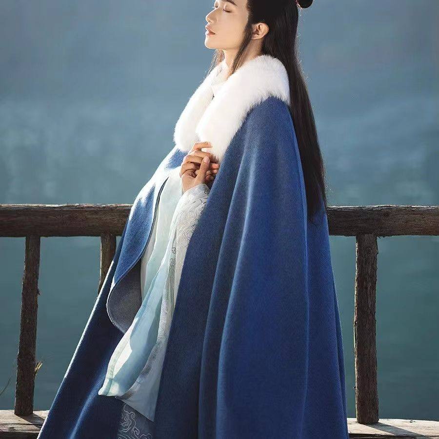 冬季国风汉元素古装斗篷仿狐狸毛百搭毛绒领加绒加厚汉服披风外套