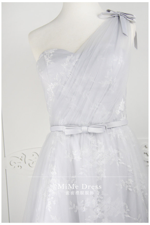 伴娘礼服中长款斜肩灰色蕾丝网纱敬酒服姐妹裙宴会优雅小礼服女