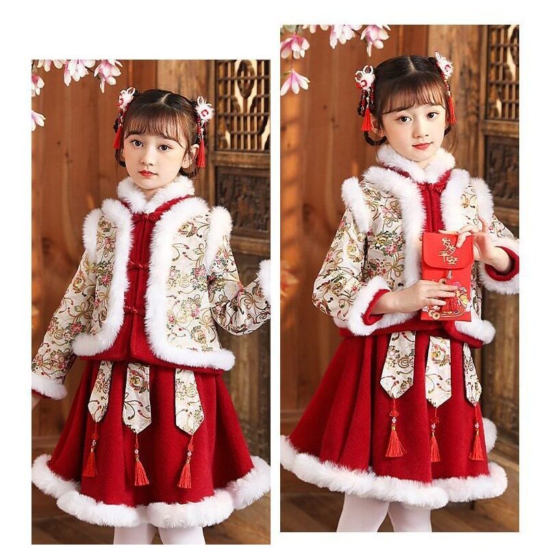 汉服女童2025中国风童装加厚冬装唐装女孩过年拜年服冬季新年衣服