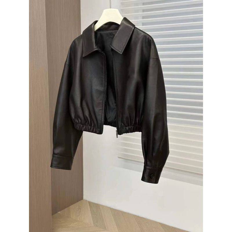 2025春秋新款经典绵羊皮短外套翻领松紧腰设计感机车年轻款皮衣女,女装/女士精品,皮衣,淘宝优惠券,粉丝福利购,淘宝优惠卷