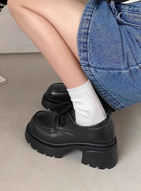 矮子乐英伦小皮鞋女2025春秋新款黑色复古百搭厚底增高系带乐福鞋