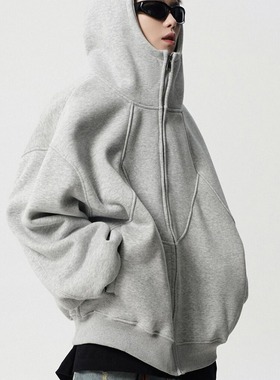 美式复古廓形灰色连帽卫衣外套男学生女秋冬新款宽松重磅开衫潮男