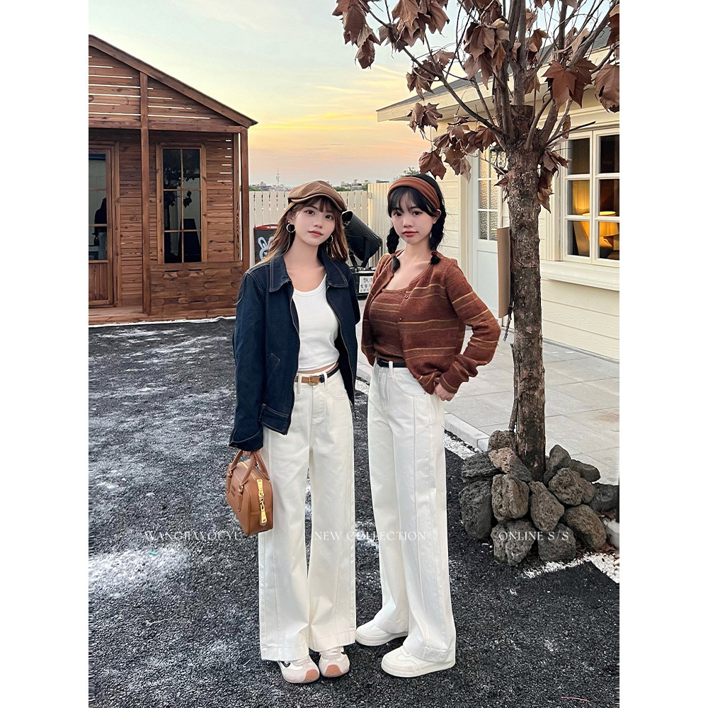 王家有鱼【小个子定制】直筒阔腿裤杏色2025秋季新款休闲牛仔裤女