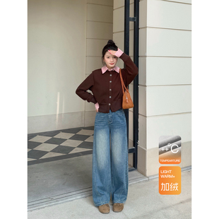 王家有鱼加绒小个子2025秋冬怀旧色弯刀裤女爆款百搭牛仔阔腿裤子