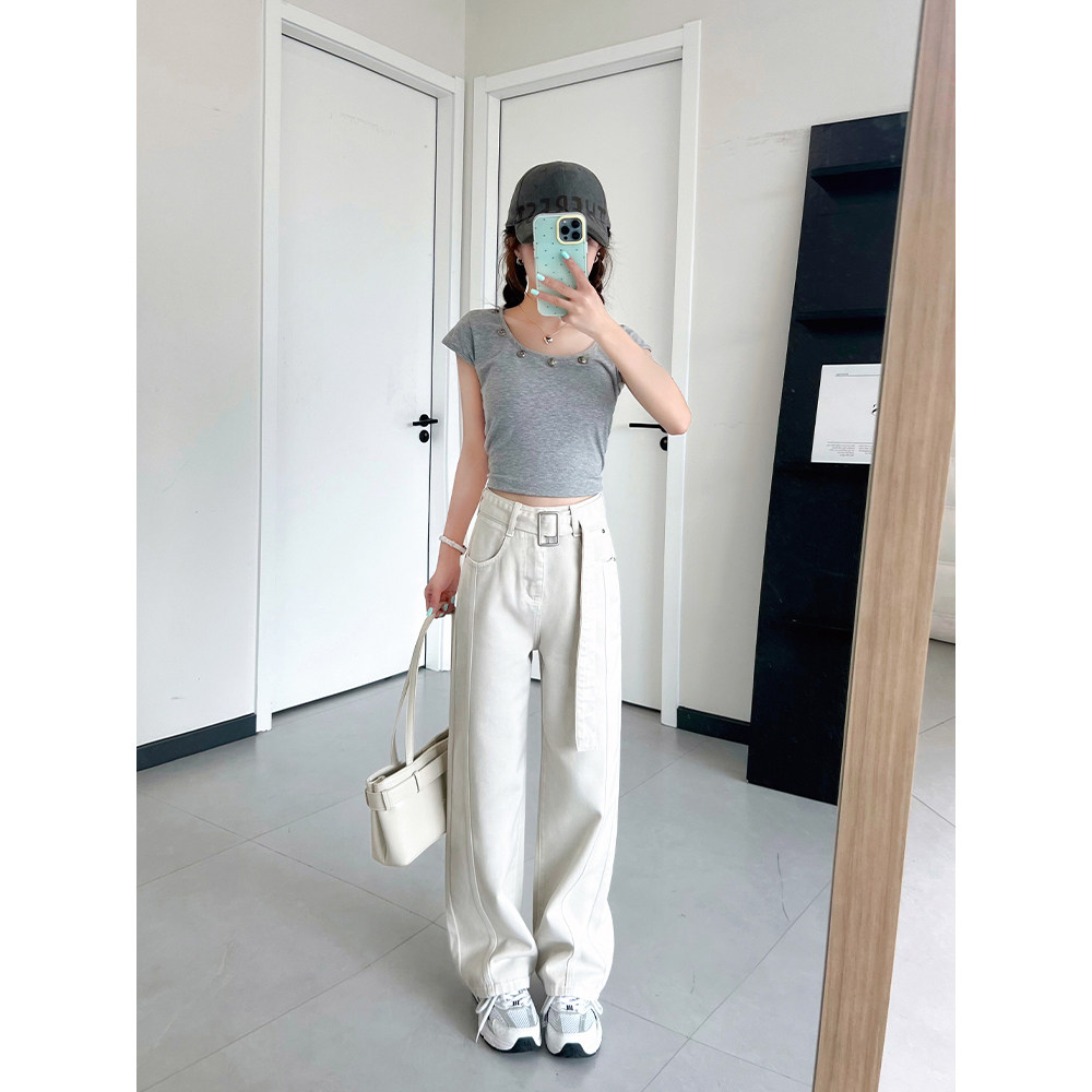 王家有鱼小个子浅卡其弯刀裤女2025年春夏新款自带腰带阔腿牛仔裤