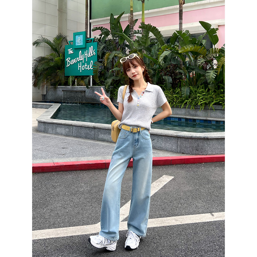 王家有鱼小个子浅蓝阔腿裤女2025夏季新款正品百搭宽松直筒牛仔裤