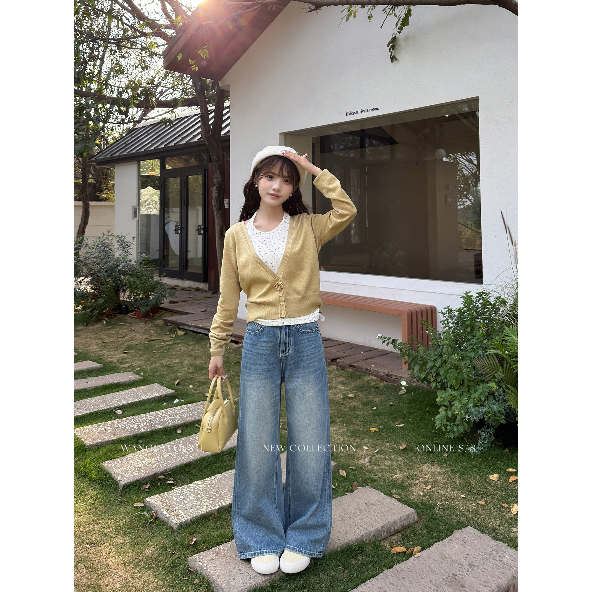 王家有鱼【小个子定制】2026早春新款阔腿裤复古蓝牛仔裤女款显瘦