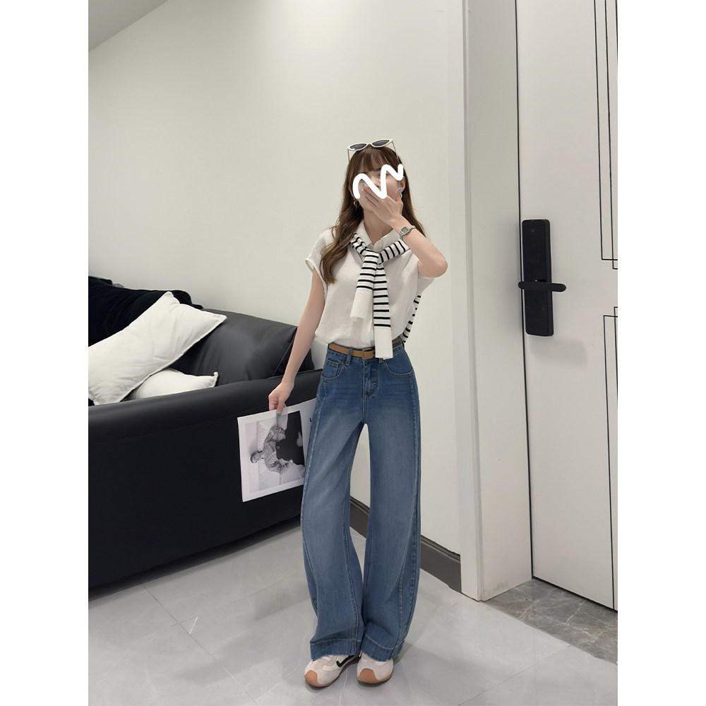 王家有鱼小个子复古蓝阔腿裤女2025夏季新款百搭显瘦直筒牛仔裤