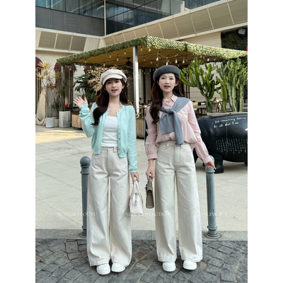 王家有鱼【大姚小姚】小个子米杏色阔腿裤女2026早春新款牛仔裤子