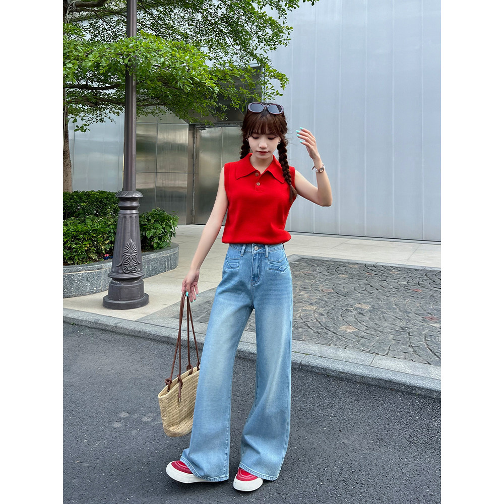 王家有鱼小个子蓝色阔腿裤女2025年夏季新款宽松直筒百搭牛仔裤子,女装/女士精品,牛仔裤,淘宝优惠券,粉丝福利购,淘宝优惠卷