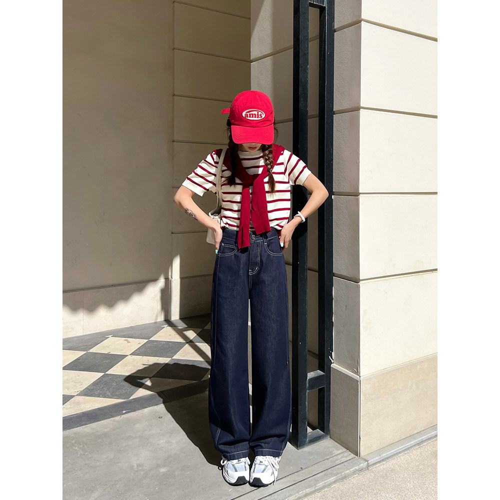 王家有鱼小个子丹宁色阔腿裤2025年夏季新款宽松直筒裤百搭牛仔裤