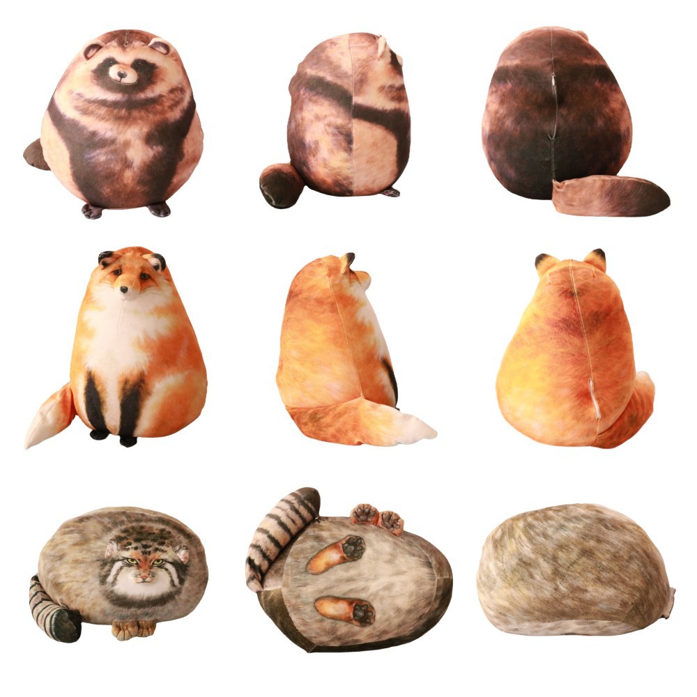 新款3D印花仿真猫咪抱枕毛绒玩具坐姿狐狸浣熊家居柔软猫靠垫