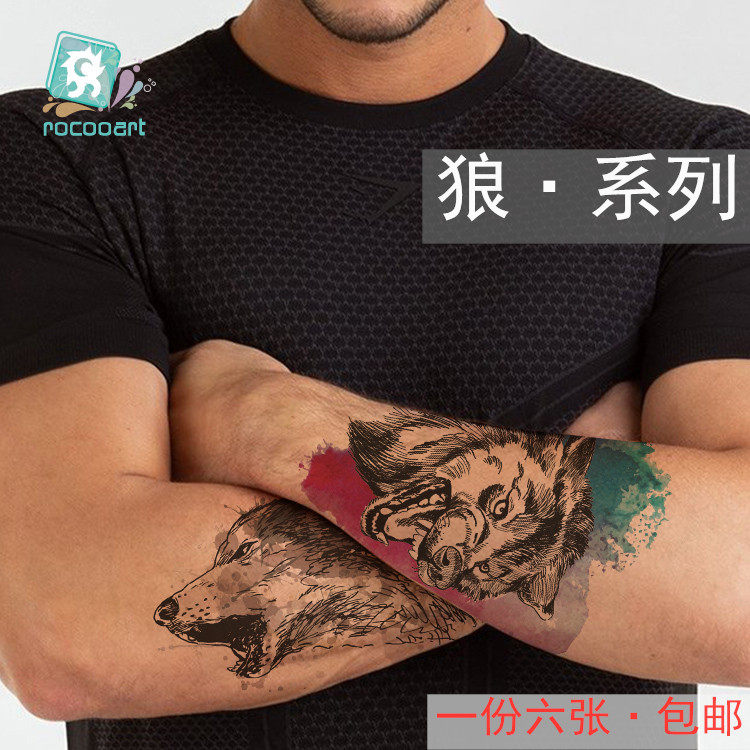 瑞卡龙原创狼头防水持久花臂纹身贴个性男生遮疤炫酷大图环保包邮