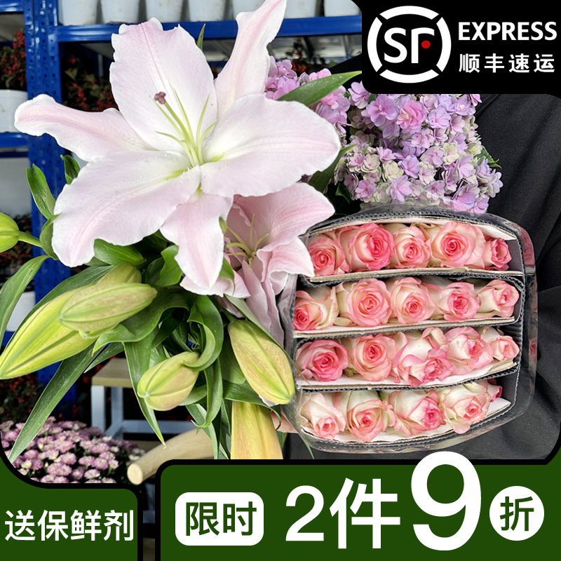 鲜花玫瑰花云南昆明基地直发新鲜香水百合花束瓶插Aa级花空运包邮