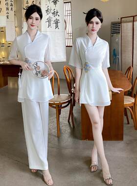 夏天雪纺薄款足浴技师工作服白色仙气中式高级感水疗美容师连衣裙