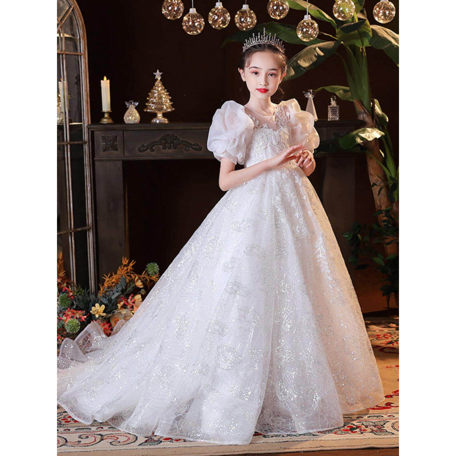 中大童胖mm拖尾高端公主裙女童连衣裙小女孩主持人走秀钢琴演出服