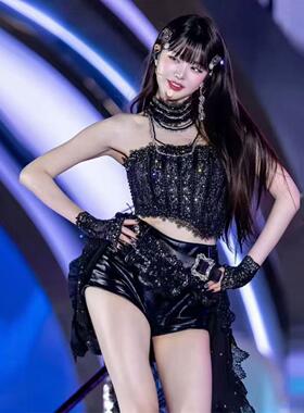 新款女团IVE张元英同款KPOP打歌服黑色舞蹈裙韩爵士套装演出服台