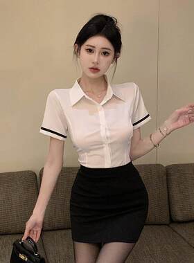 白色修身短袖衬衫包臀裙性感洒店足浴技师工作服职业制服套装女夏