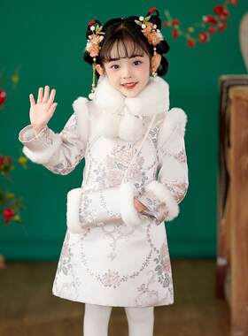 女孩旗袍礼服冬季款式2025新款儿童民族风格公主裙小女孩拜年套装
