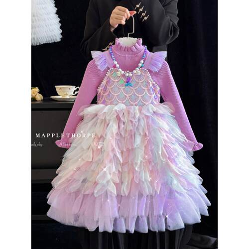 女童美人鱼公主裙秋冬儿童亮片蓬蓬裙小女孩生日礼服洛丽塔连衣裙
