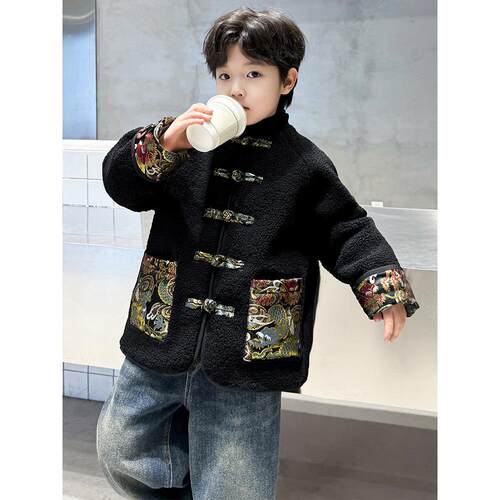 男童毛毛衣冬装新款儿童国潮汉服唐装中大童男孩棉衣外套拜年服