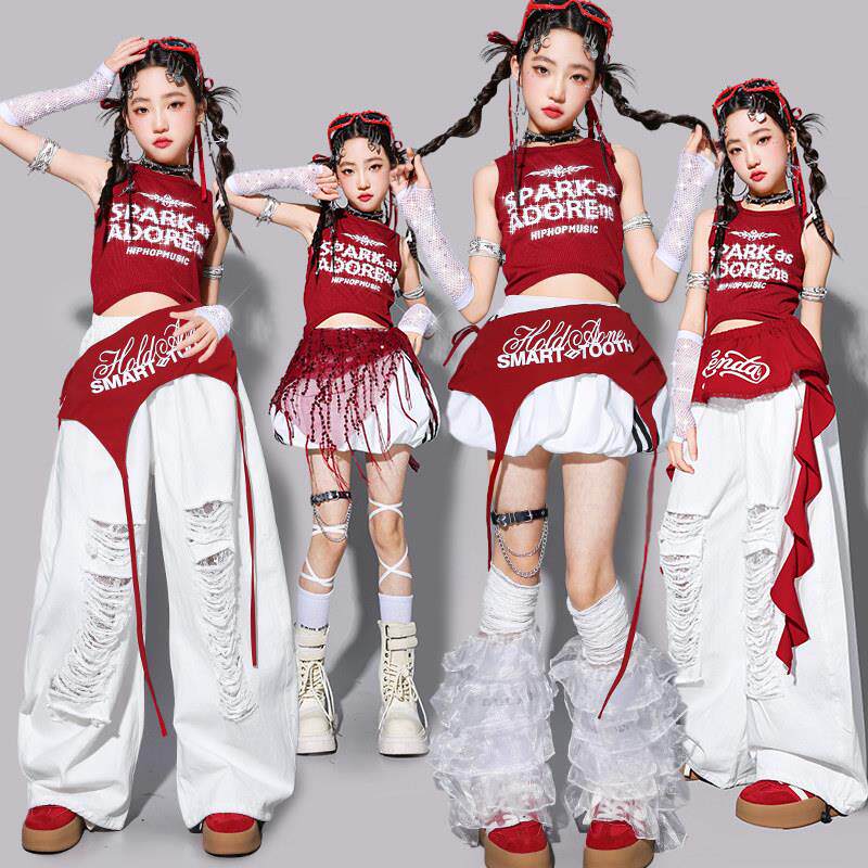 女童红色亮钻爵士舞服装女孩jazz背心套装儿童街舞演出服少儿潮装