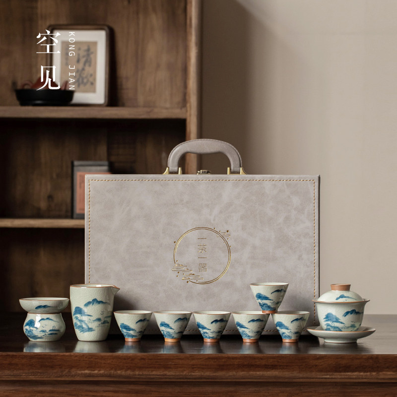 手绘功夫茶具套组2025新款高档轻奢中式盖碗哥窑茶杯家用茶壶礼盒