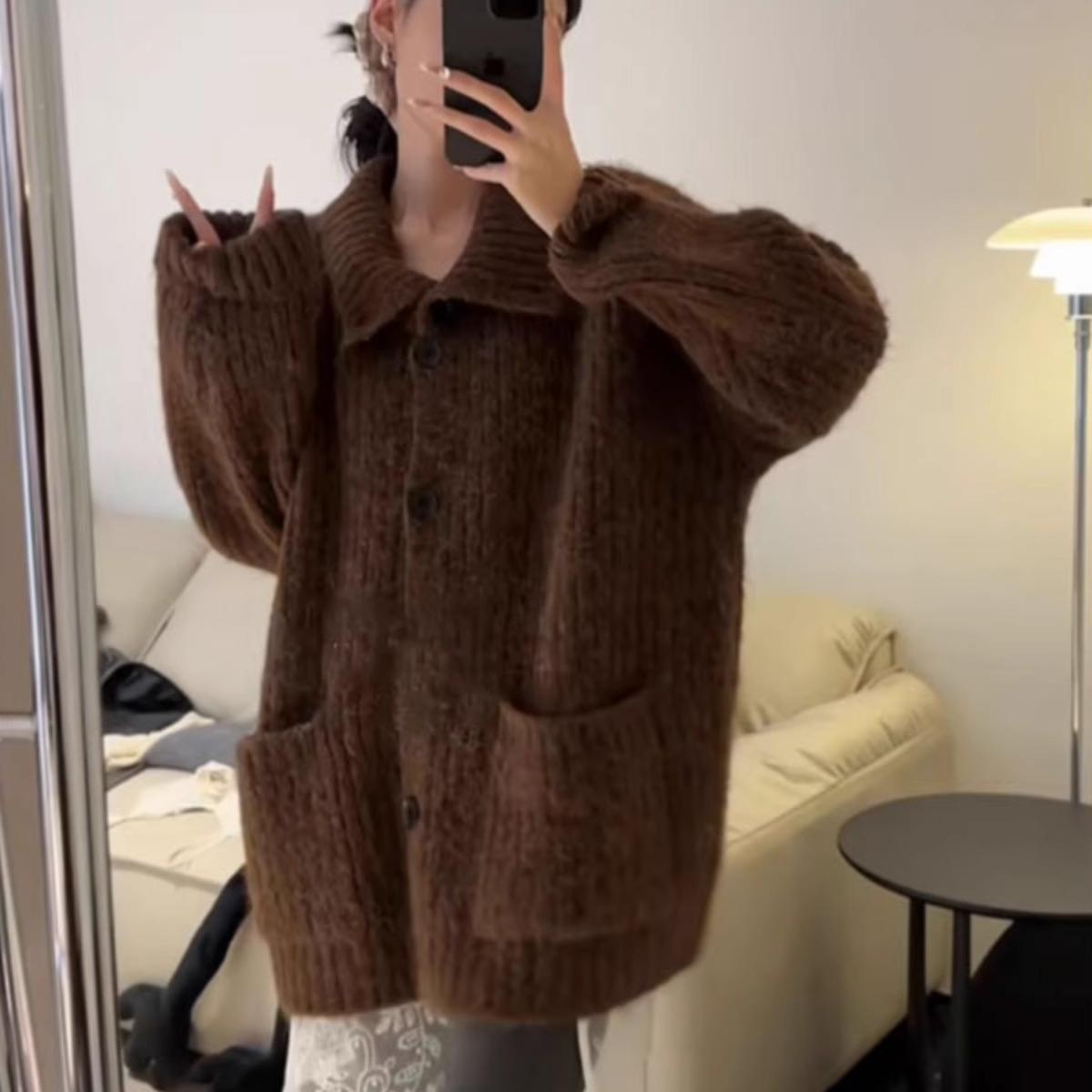 灰色翻领毛衣织外套女秋加厚宽松外穿慵懒CQS感风高级中长冬款针