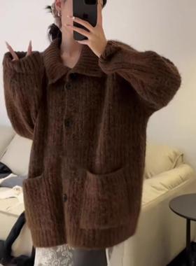 灰色翻领毛衣织外套女秋加厚宽松外穿慵懒CQS感风高级中长冬款针