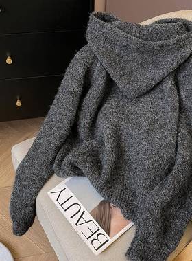 小C家松 灰色软糯半拉链帽毛连衣女202宽4秋冬新款休闲VLU针织衫