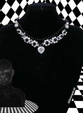 三分甜富贵花 黑白手工串珠y2k钻饰爱心项链 桃心辣妹双层锁骨链