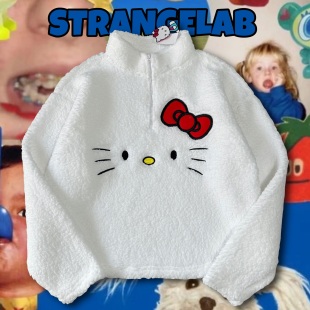 仅一批 出口千禧y2k可爱少女kitty猫羊羔毛绒绒宽松套头卫衣上衣