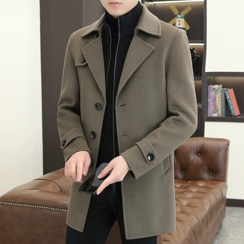 冬季保暖加厚羽绒内胆风衣男外套高端双面呢中长款英伦风羊毛大衣