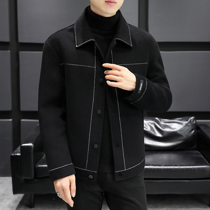 轻奢双面呢大衣男时尚短款翻领夹克纯羊毛黑色外套休闲 毛绒上衣