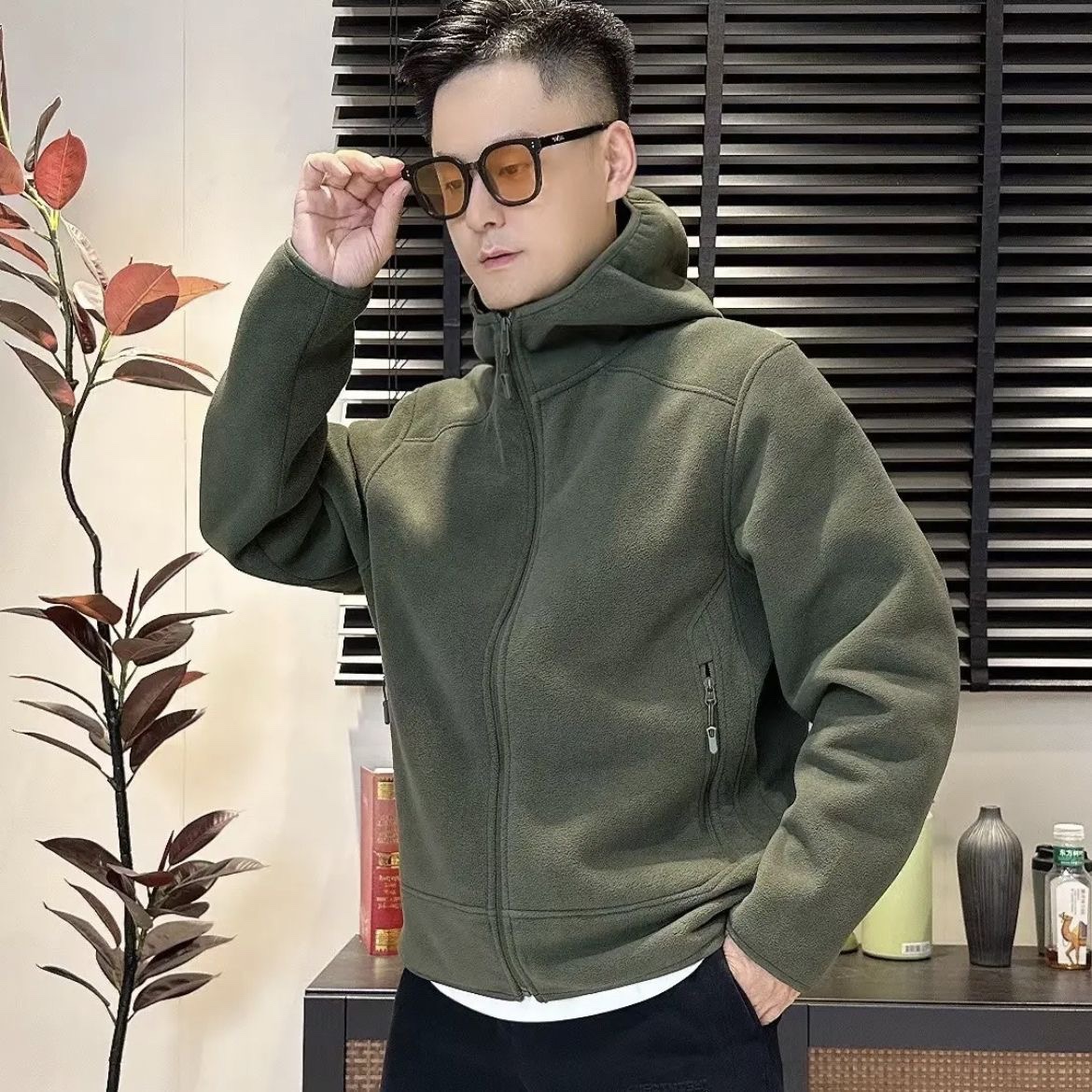 高端连帽双面摇粒绒外套男士夹克秋冬季新款时尚潮流纯色百搭男装