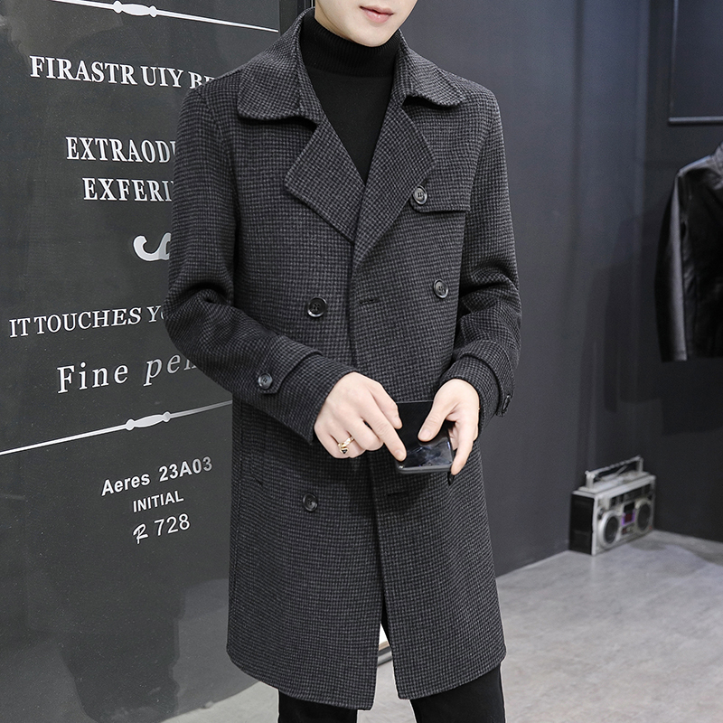 轻奢双面呢大衣男中长款冬季韩版休闲双排扣千鸟格风衣呢子外套潮
