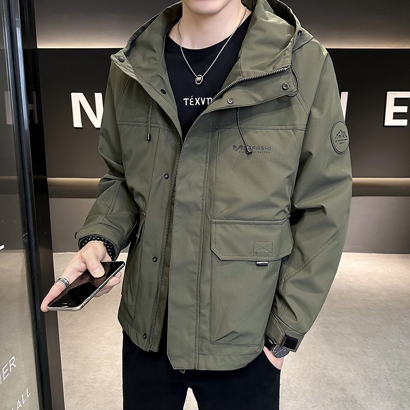 轻奢男士春秋新款连帽夹克潮流帅气时尚休闲二棉防风工装上衣外套
