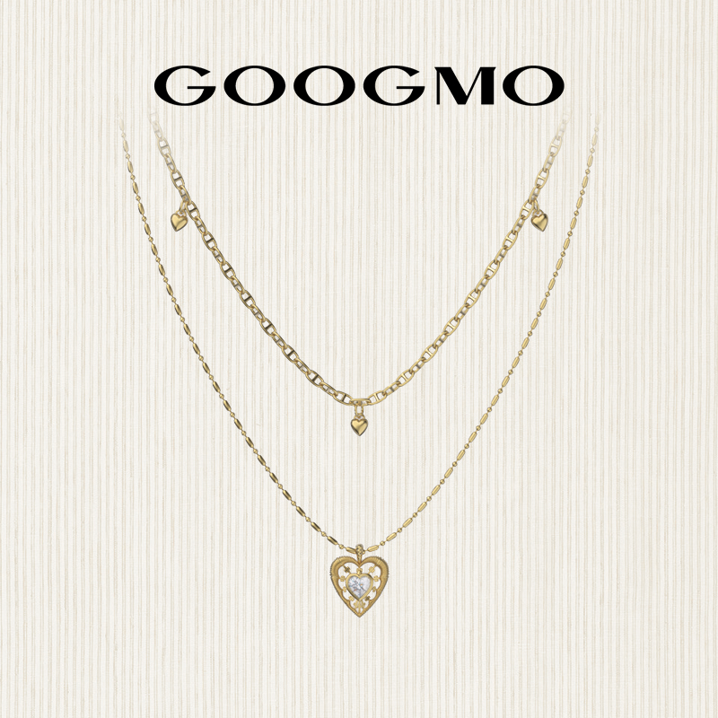 GOOGMO双层叠戴金色爱心吊坠项链小众设计锁骨链配饰精致百搭颈链