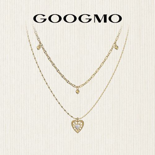 GOOGMO双层叠戴金色爱心吊坠项链小众设计锁骨链配饰精致百搭颈链