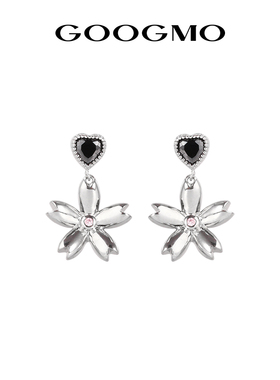 GOOGMO黑色樱花爱心锆石耳钉女小众设计耳坠甜酷耳饰2025年新款潮