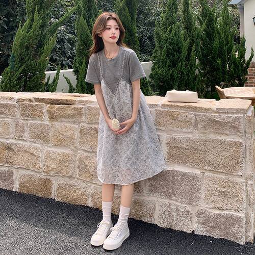 假两件连衣裙大码女装300斤宽松中长款显瘦设计感小众拼接藏肉裙