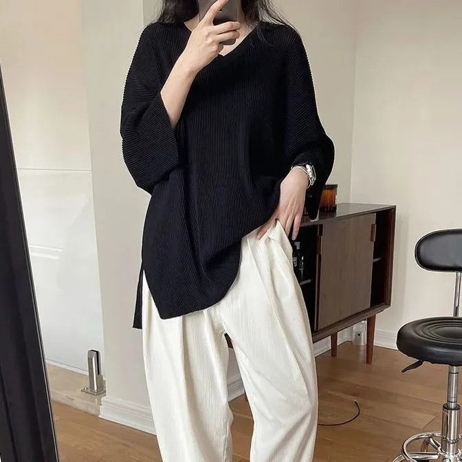 七分袖冰丝t恤女特大码200-300斤宽松中长款显瘦开叉V领闺蜜上衣