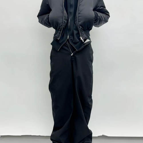 现货Vujade009缎面枕头保暖飞行夹克休闲短款宽松廓形拉链棉外套