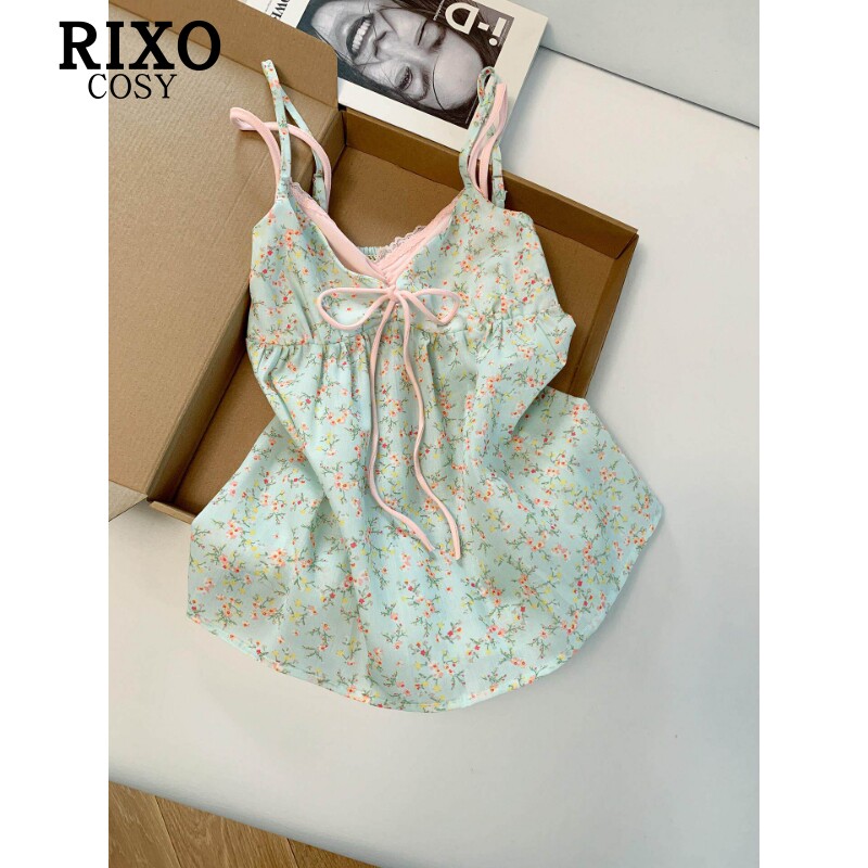 RIXO COSY甜美风蕾丝拼接碎花吊带背心女夏V领系带假两件显瘦上衣