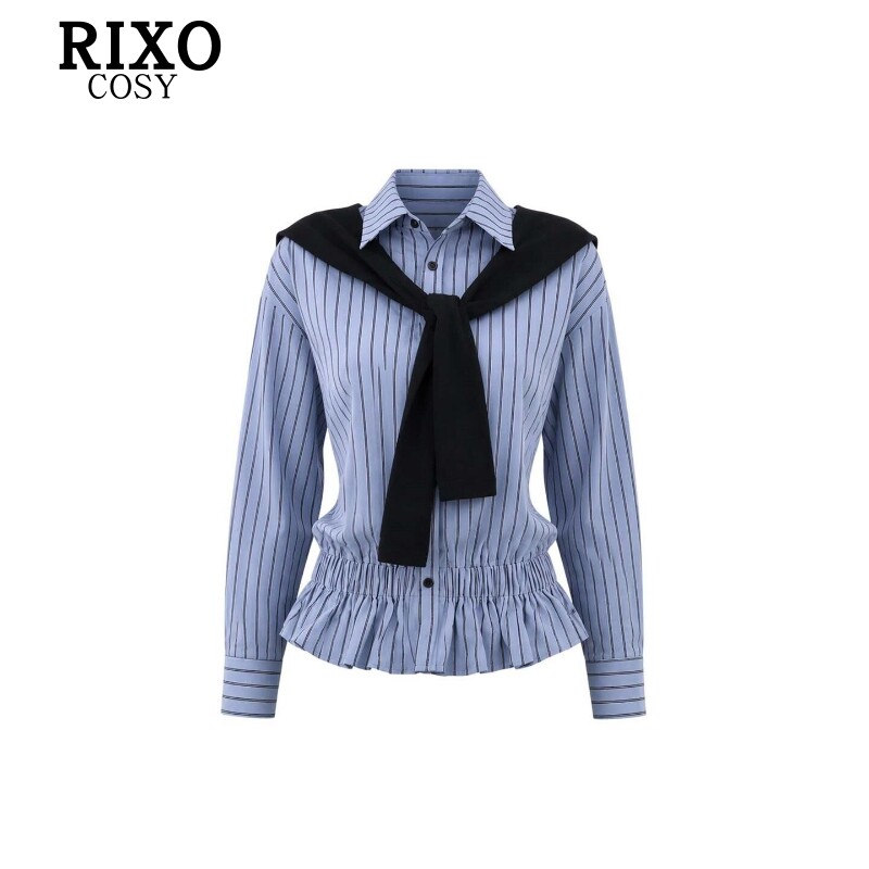 RIXO COSY学院风条纹衬衫女秋季新款可拆卸披肩减龄百搭辣妹上衣