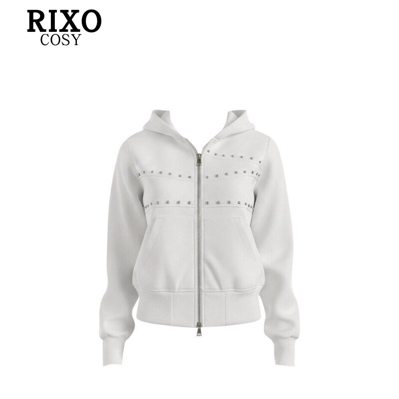 RIXO COSY美式复古白色拉链连帽长袖卫衣女秋开衫休闲风显瘦外套