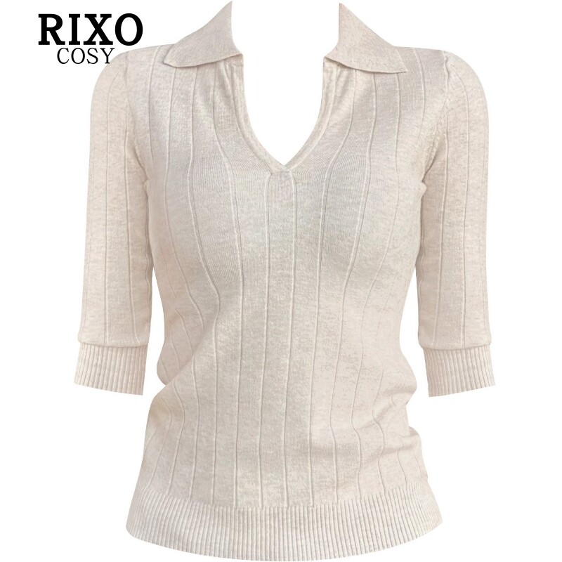 RIXO COSY中袖polo衫女夏季穿搭辣妹气质正肩t恤修身显瘦针织上衣