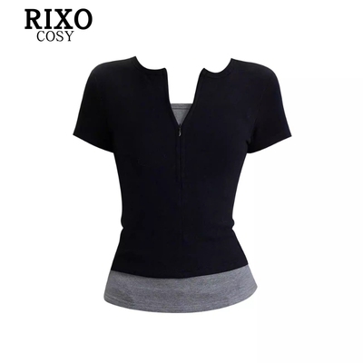 RIXO COSY黑色假两件正肩短袖t恤女夏短款修身半拉链v领半袖上衣